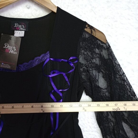 Dare To Wear Purple/Black Lace Up Bell Lace Sleeve Gothic Top Women's Size M NEW - Picture 5 of 15